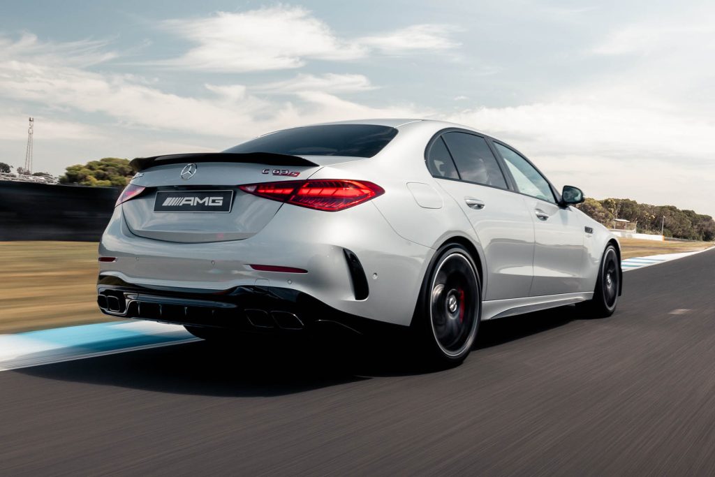 2024 Mercedes-AMG C 63 S E Performance driving on race track in Australia