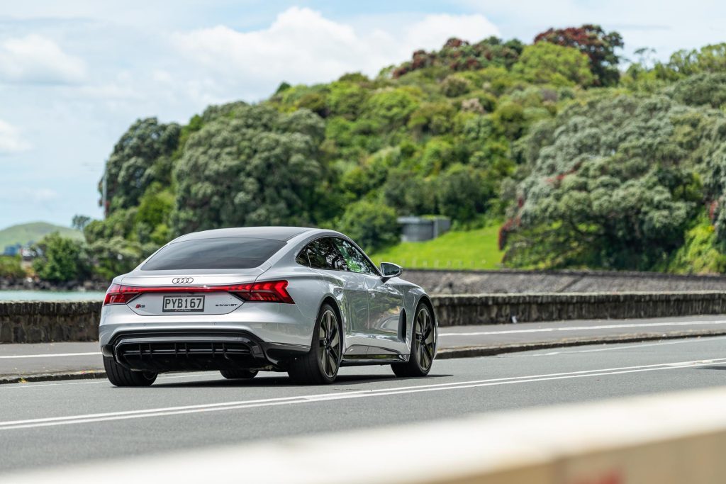 Rear shot of the Audi RS e-tron GT driving