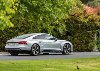 Rear quarter panning shot of the Audi RS e-tron GT