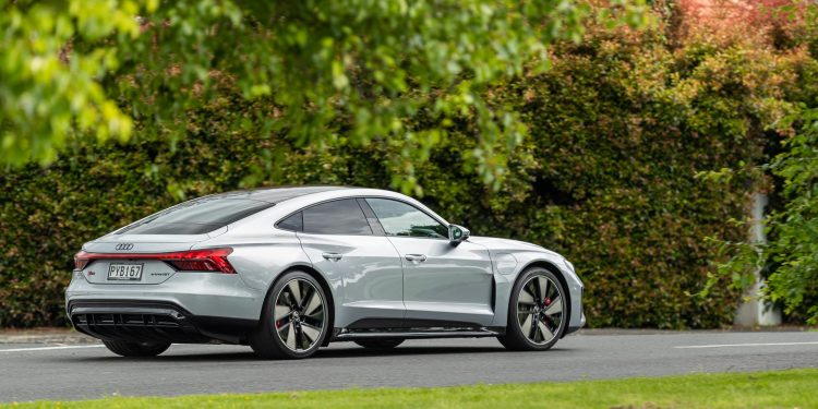 Rear quarter panning shot of the Audi RS e-tron GT