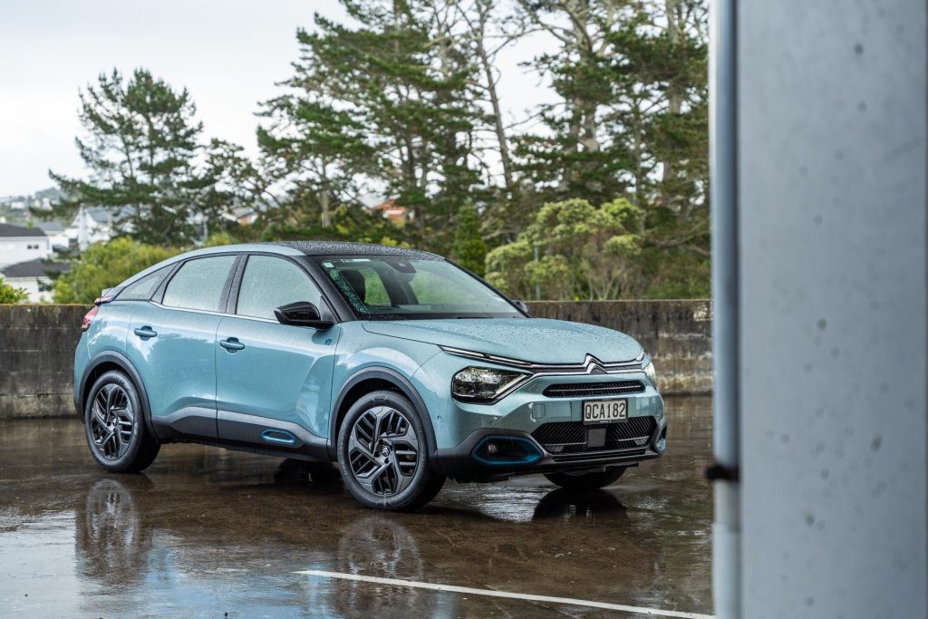 Front quarter hero shot of the Citroen e-C4 Shine