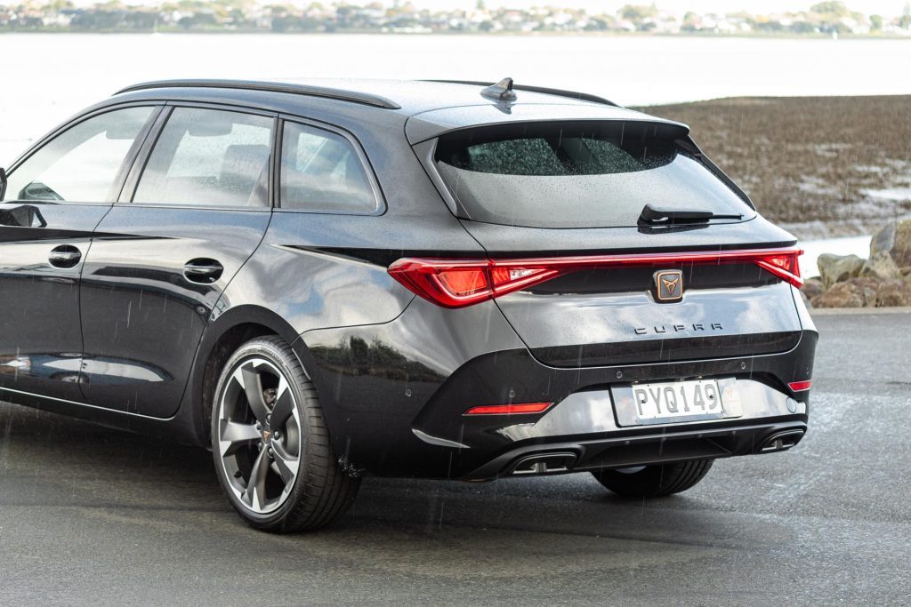 Cupra Leon Sportstourer V rear end, shown in the rain