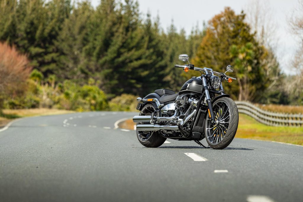 Harley Davidson Breakout 117 parked on a road, front quarter shot