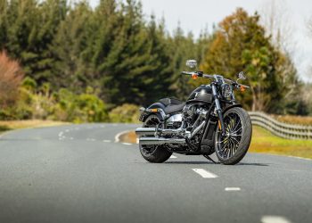 Harley Davidson Breakout 117 parked on a road, front quarter shot