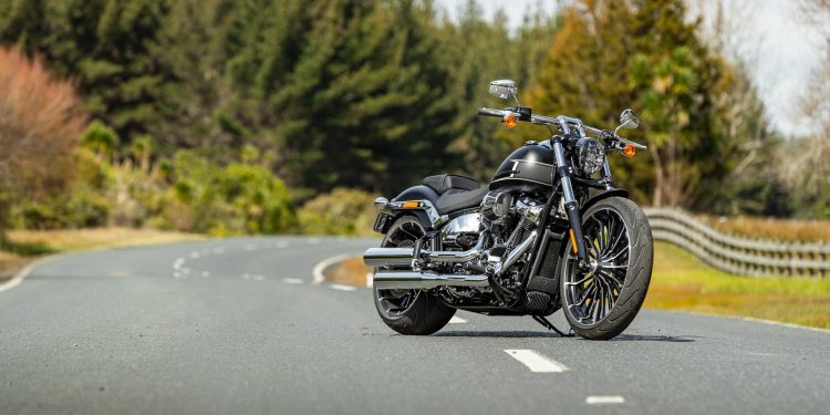 Harley Davidson Breakout 117 parked on a road, front quarter shot