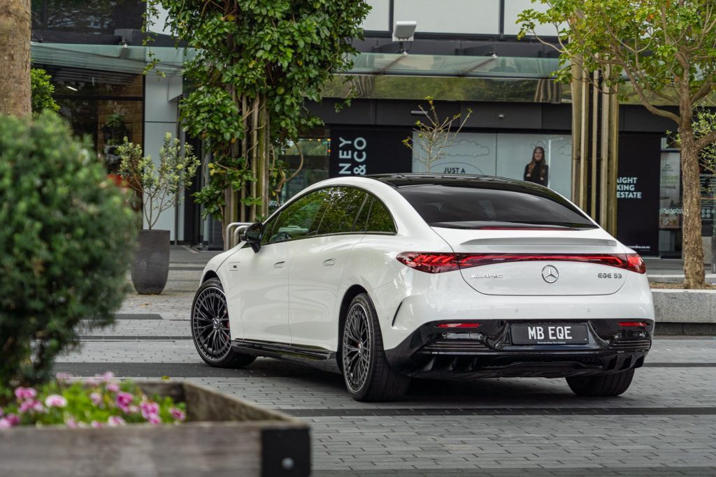 Rear quarter turning shot of the Mercedes-AMG EQE 53