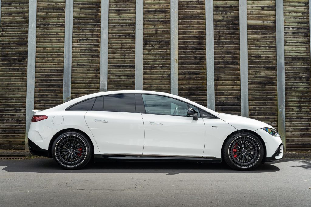 Side profile of the Mercedes-AMG EQE 53 in white