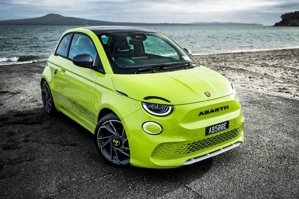 Abarth 500e parked on boat ramp at St Heliers in Auckland, New Zealand