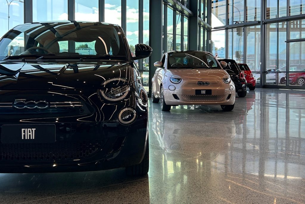 Line-up of Fiat 500s at North Shore Andrew Simms dealership