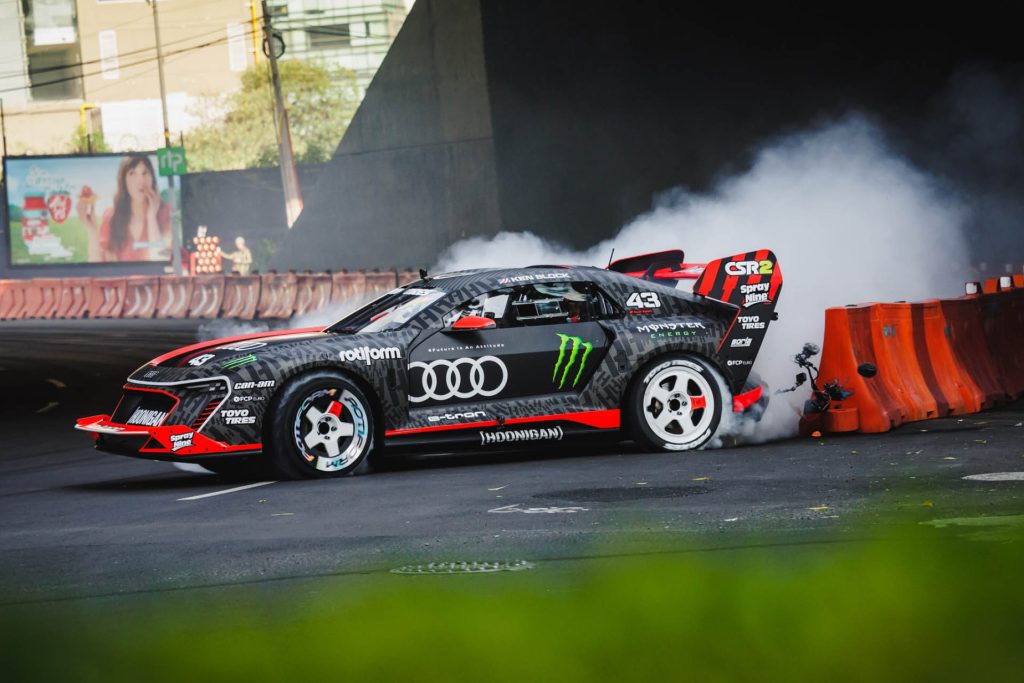 Audi S1 Hoonitron drifting past barrier in Mexico City