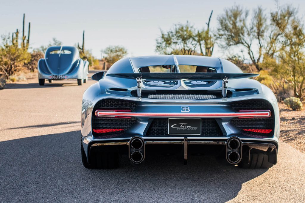 Special edition Bugatti Chiron Super Sport 57 One of One parked behind Type 57 SC Atlantic