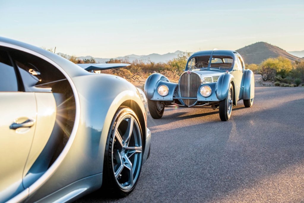 Special edition Bugatti Chiron Super Sport 57 One of One parked in front of Type 57 SC Atlantic