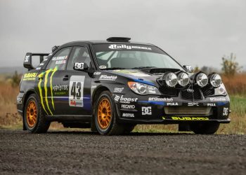 Ken Block's 2004 Subaru Impreza 2.5 RS rally car front three quarter view