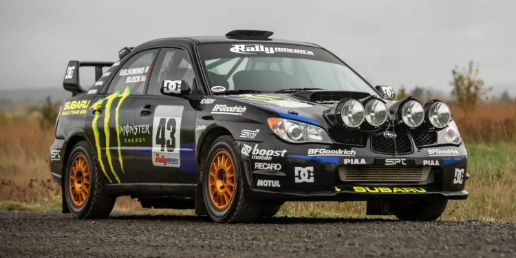 Ken Block's 2004 Subaru Impreza 2.5 RS rally car front three quarter view