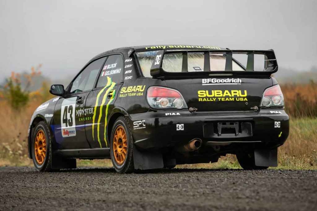 Ken Block's 2004 Subaru Impreza 2.5 RS rally car rear three quarter view