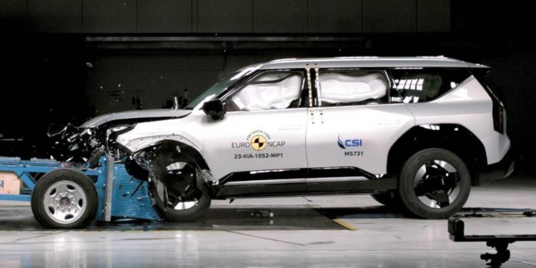 Kia EV9 undergoing front impact crash test