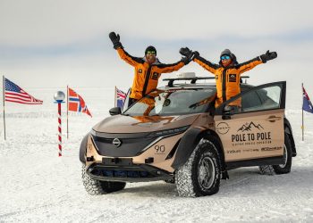 Husband and wife celebrate competition of pole-to-pole adventure in Nissan Ariya at South Pole