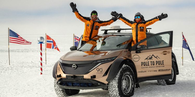 Husband and wife celebrate competition of pole-to-pole adventure in Nissan Ariya at South Pole