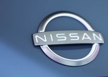 Nissan badge close up view