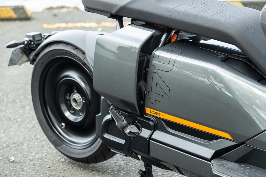 Side details and orange decals of the 2023 BMW CE-04 scooter