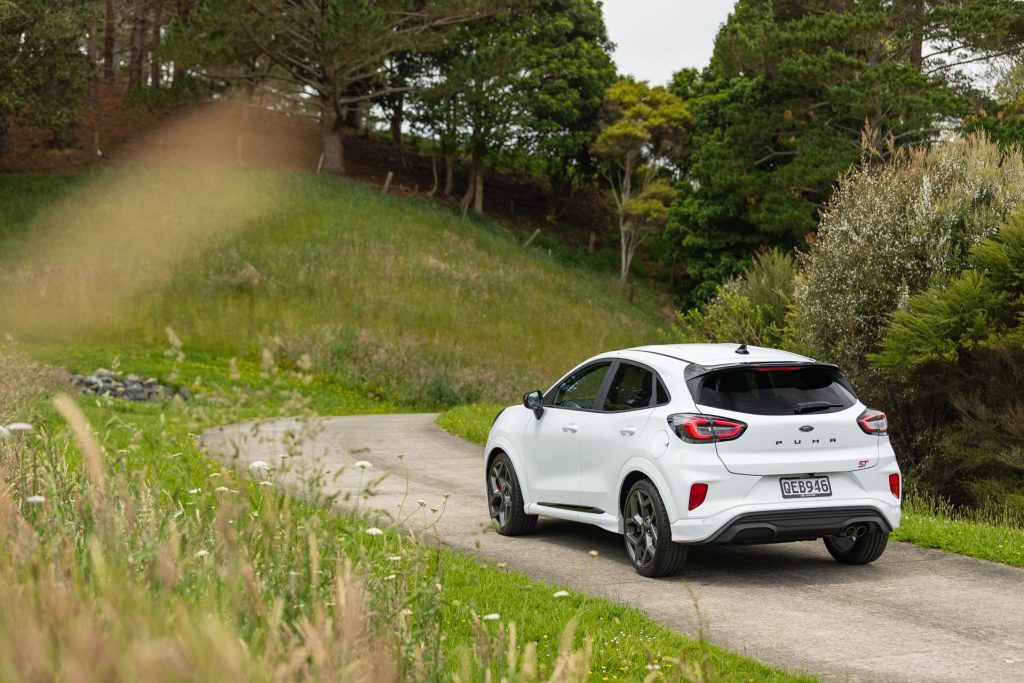 Ford Puma ST rear quarter view, parked on a scenic driveway in a meadow