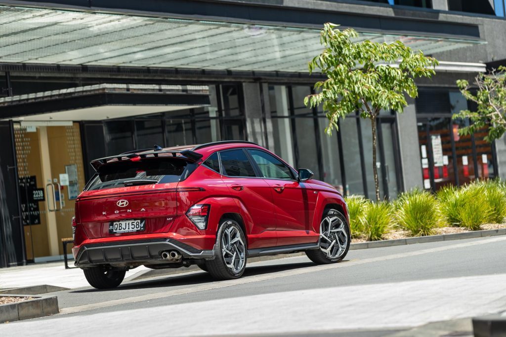 Hyundai Kona 1.6T N Line, showing rear quarter, parked up at a shop