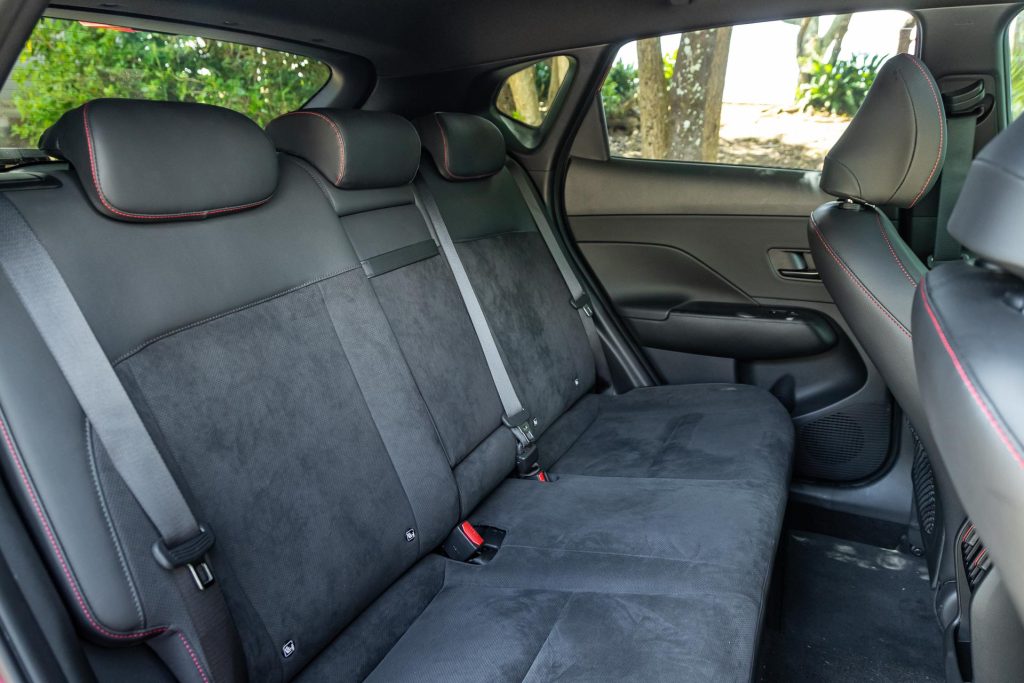 Rear seats in the Hyundai Kona 1.6T N Line, with red stitching