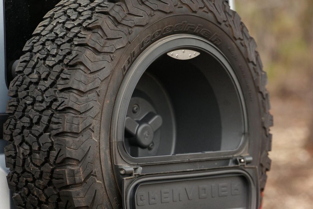 Rear tyre mounted lockable storage compartment on the Ineos Grenadier