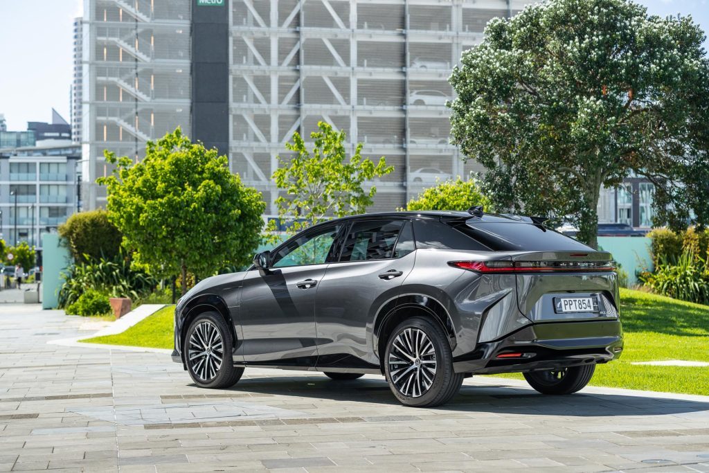 Lexus RZ 450e in silver parked in Auckland CBD