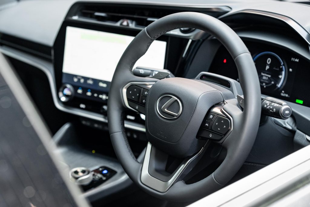 Steering wheel detail for the Lexus RZ 450e Dynamic