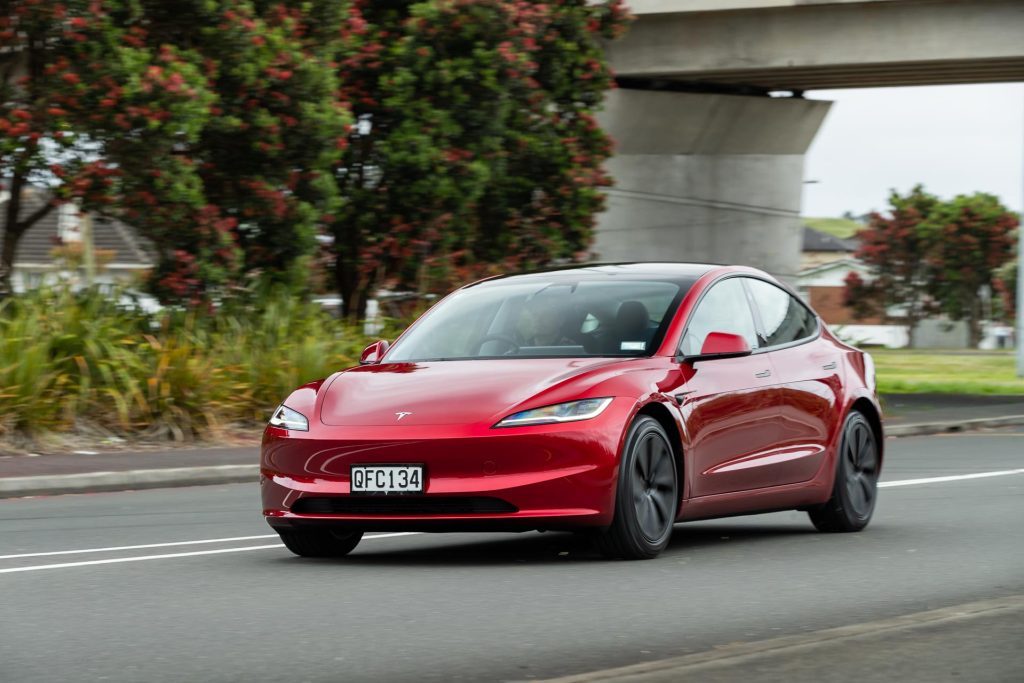 Front action shot of the Tesla Model 3 RWD facelift