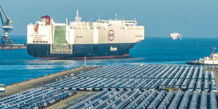 BYD Explorer No. 1 car transporting ship leaving Chinese port