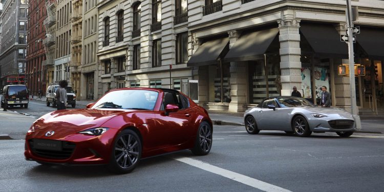 2024 Mazda MX-5 RF and Roadster GT facelifts driving in city