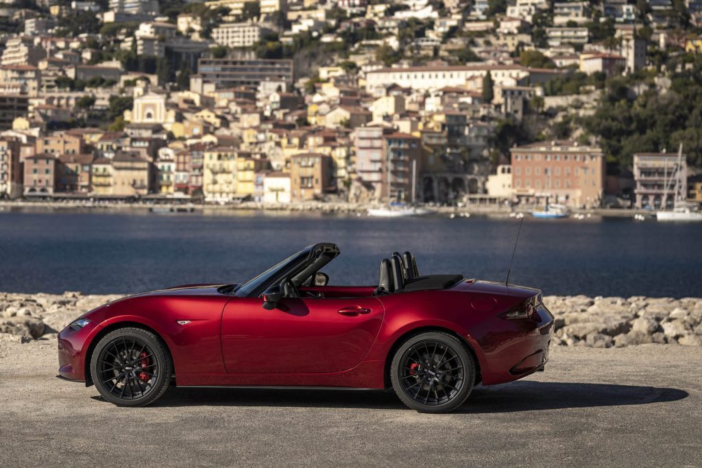 2024 Mazda MX-5 Roadster GT facelift parked by sea