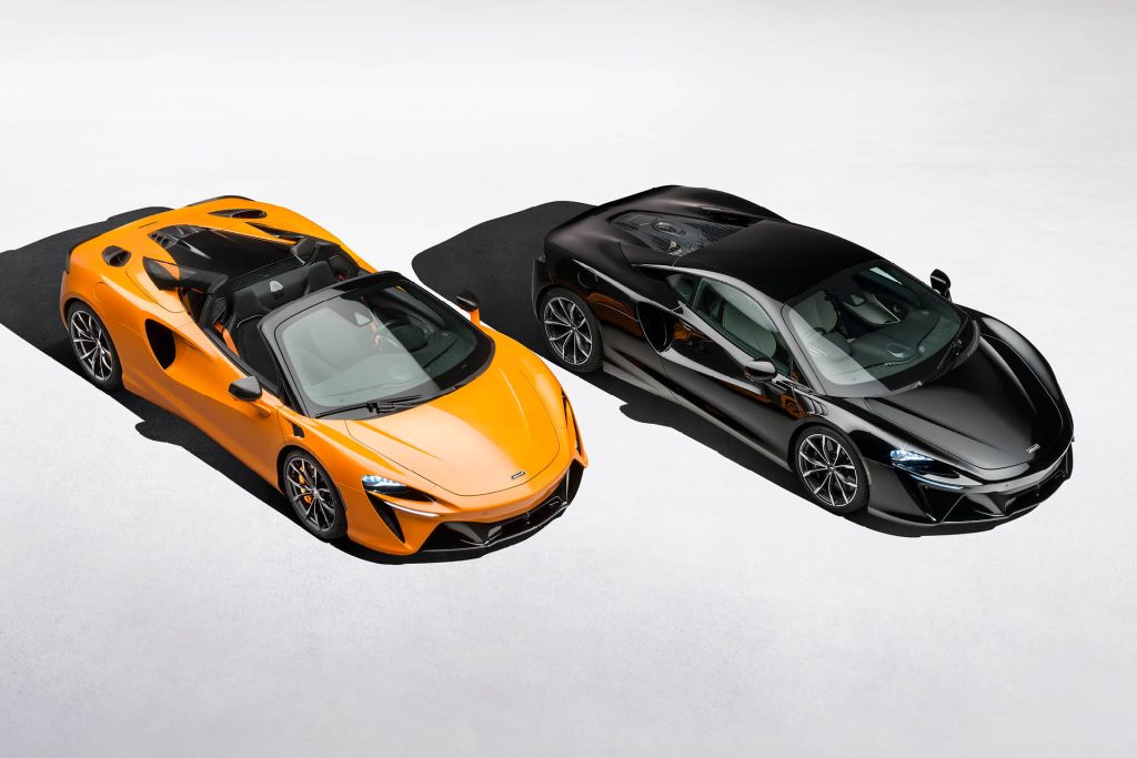 2025 McLaren Artura Spider and Coupe parked side by side
