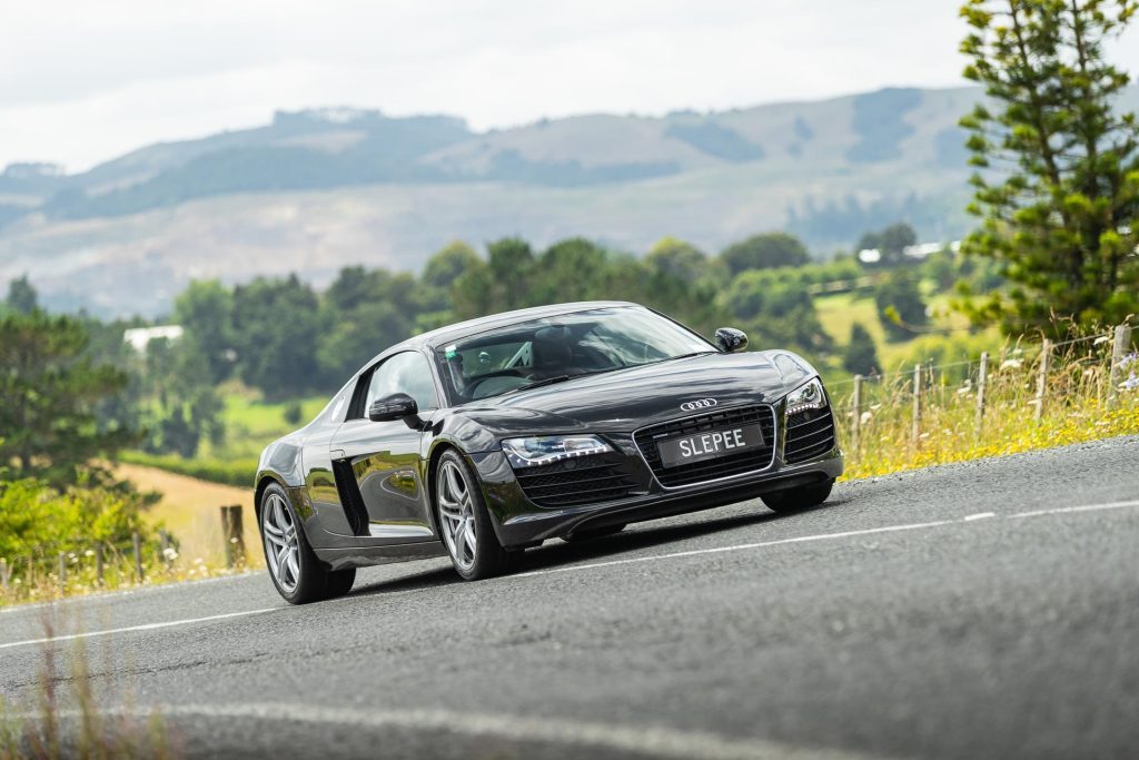 Audi R8 taking a corner, dynamic shot