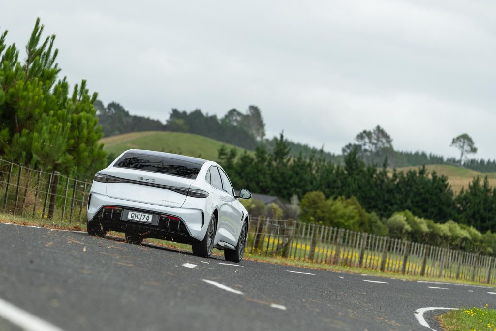 BYD Seal cornering shot, pictured in white