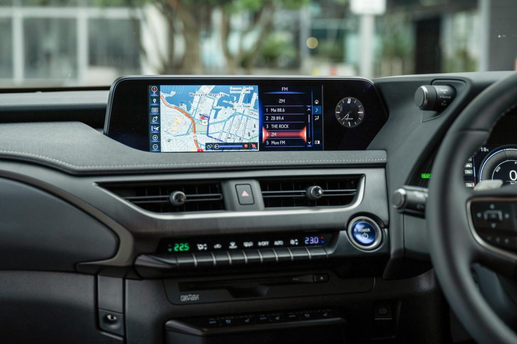 Detail shot of the Lexus UX300e Limited's infotainment screen