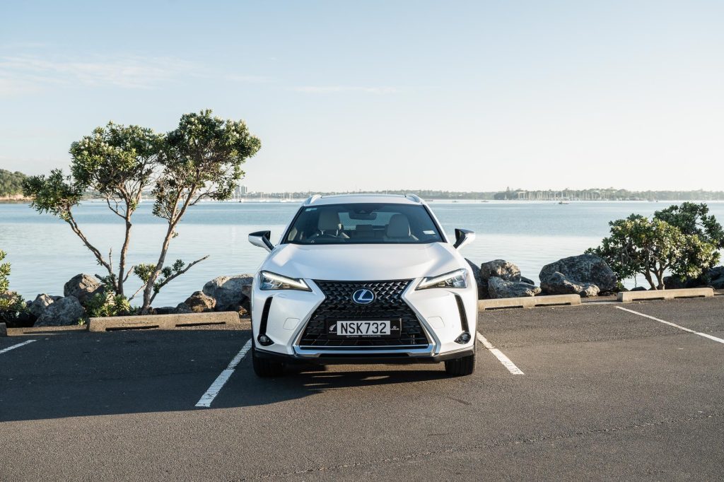 2023 Lexus UX300e Limited front end shot, parked at Westhaven marina