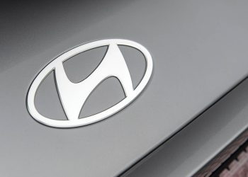 Close up view of Hyundai badge