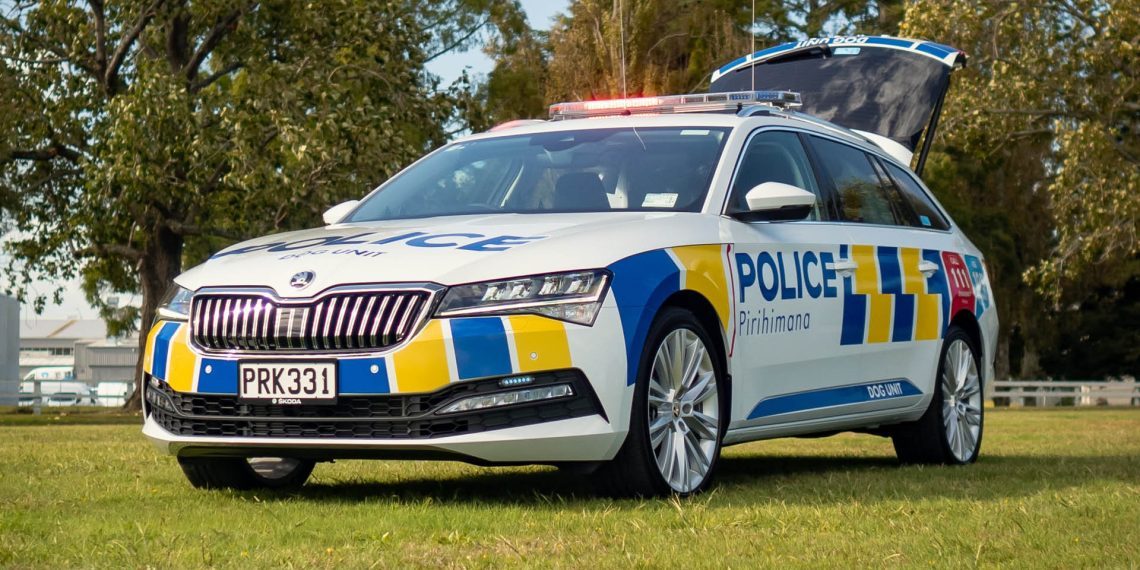 New Zealand Police Skoda Superb dog unit with boot open