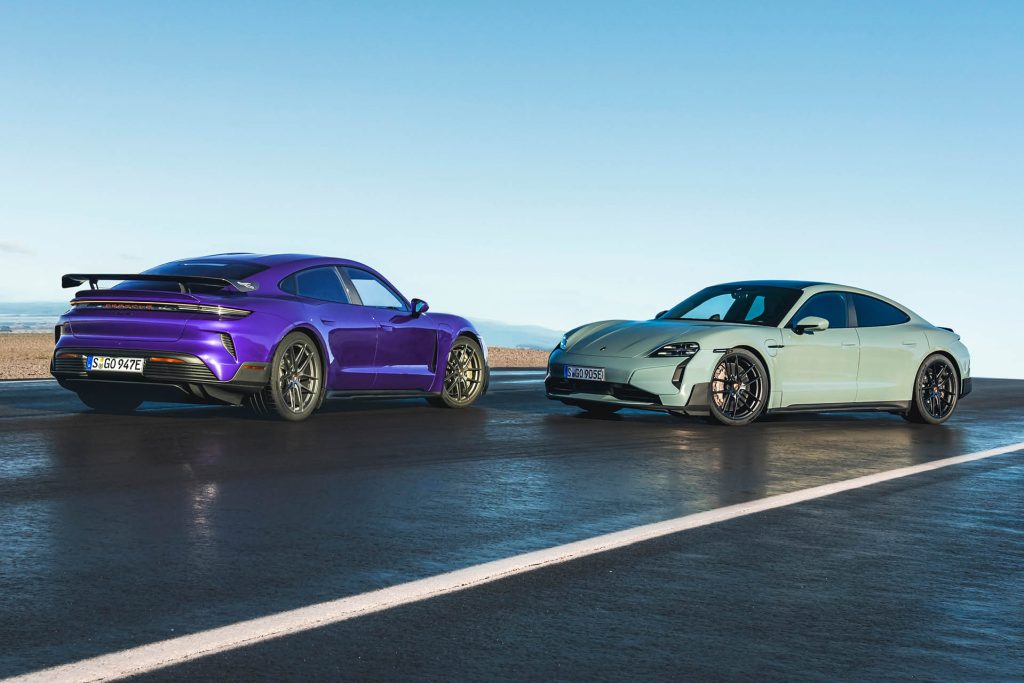 2024 Porsche Taycan Turbo GT and Weissach package variant parked next to each other