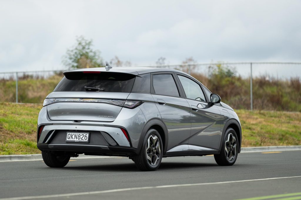 Rear panning shot of the BYD Dolphin Standard