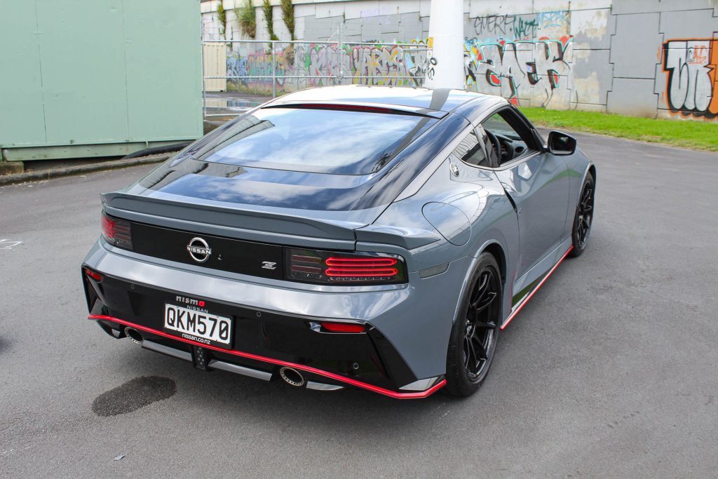 Close shot of the rear of the Nissan Z Nismo. With red accents along the bodykit