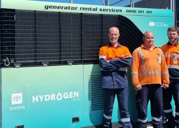 Men standing next to hydrogen generator