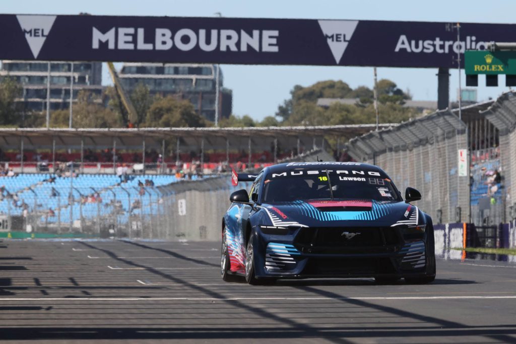 Liam Lawson driving Gen3 Ford Mustang Supercar in Melbourne