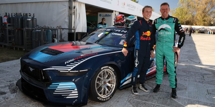 Liam Lawson and James Courtney standing next to Gen3 Ford Mustang Supercar