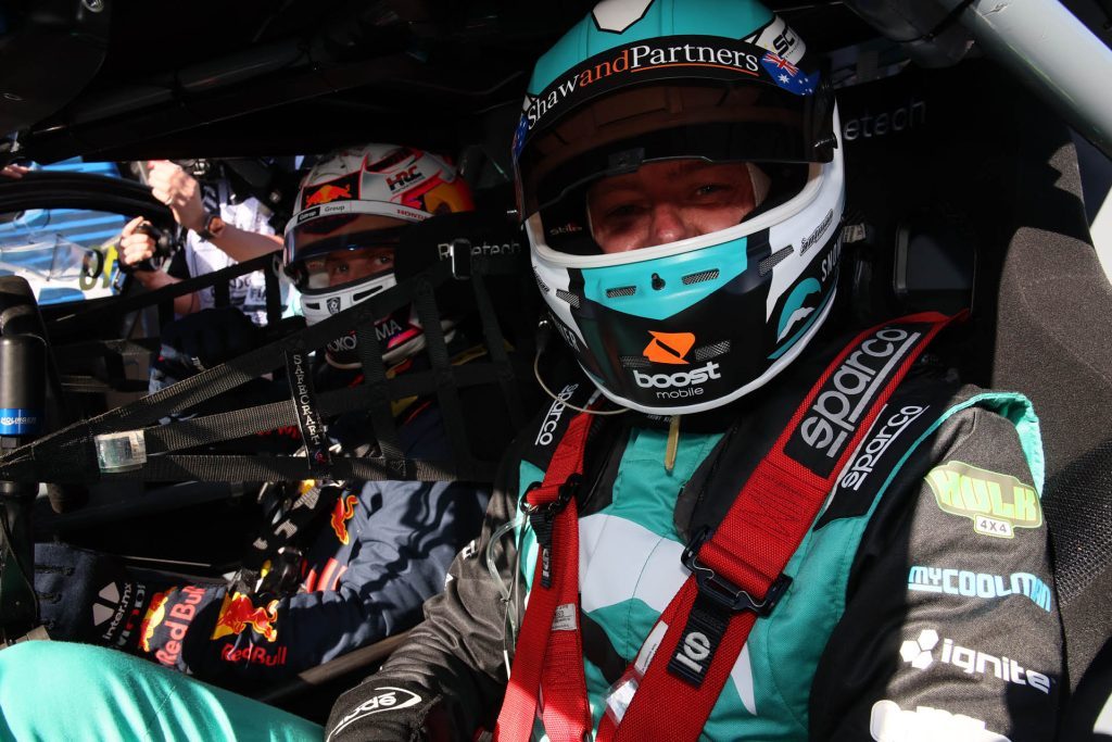 Liam Lawson and James Courtney sitting in Gen3 Ford Mustang Supercar