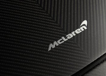 Close up view of McLaren badge