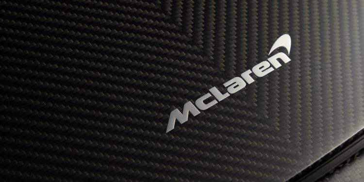 Close up view of McLaren badge